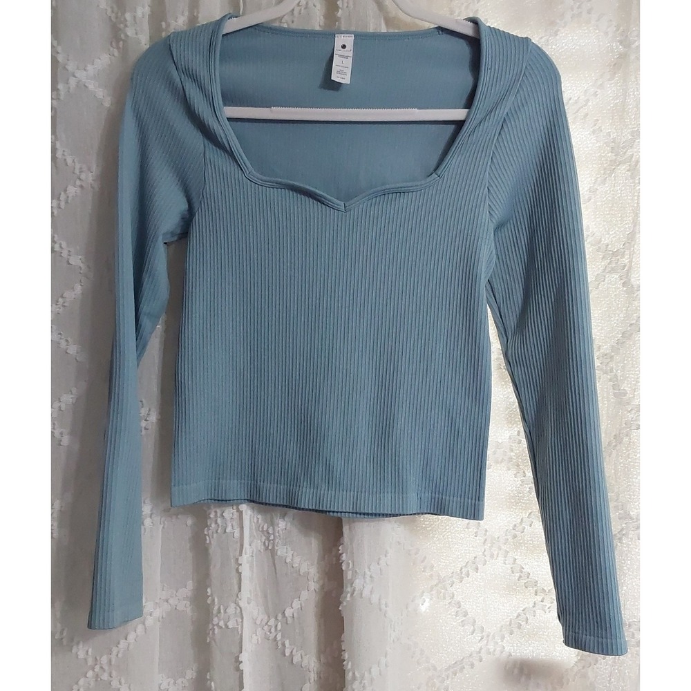 Yogalicious Rib Seamless Aaliyah Long Sleeve Sweetheart Neck Top Blue Large